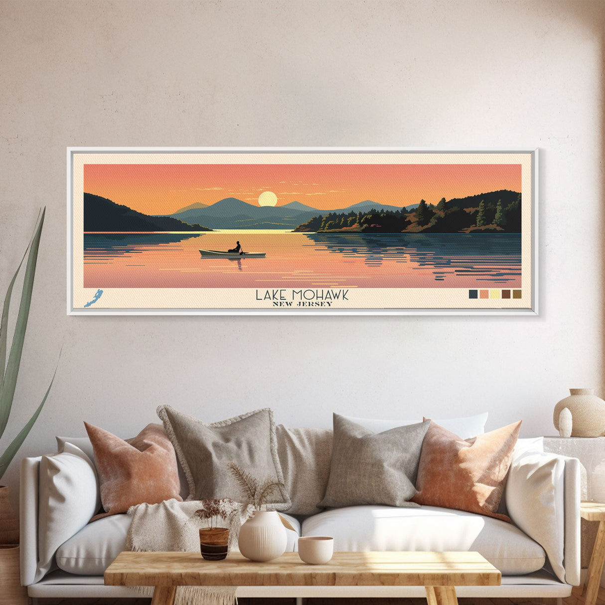 Lake Mohawk New Jersey Framed Canvas Print, Panoramic Wall Art, Midcentury Modern, Pop Art, Living Room Decor, Travel Poster