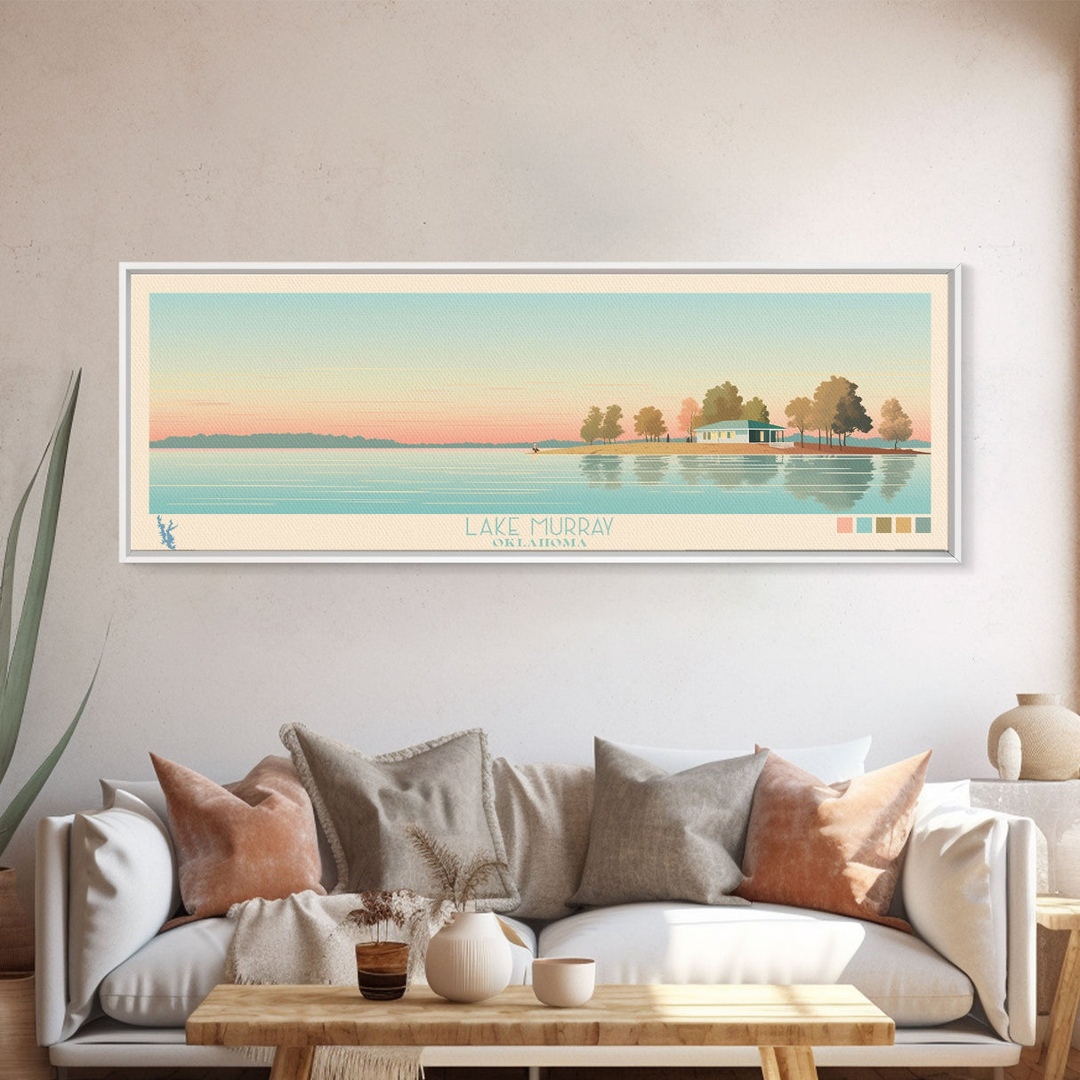 Lake Murray Oklahoma Framed Canvas Print, Panoramic Wall Art, Midcentury Modern, Pop Art, Living Room Decor, Travel Poster