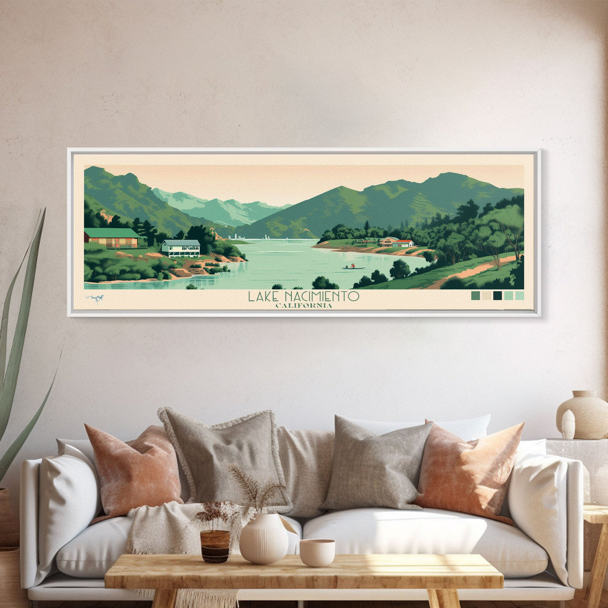 Lake Nacimiento California Framed Canvas Print, Panoramic Wall Art, Midcentury Modern, Pop Art, Living Room Decor, Travel Poster, Lake House Art