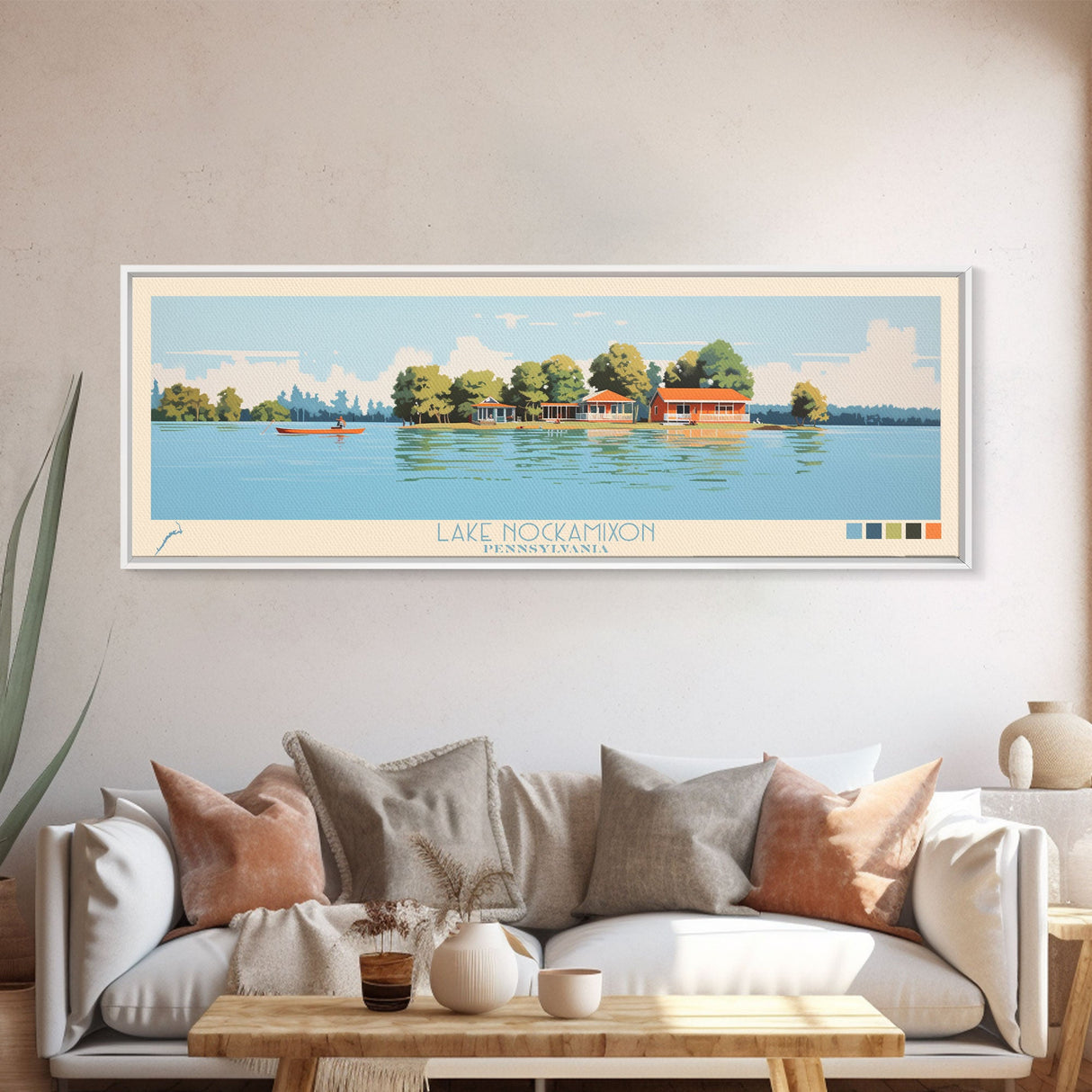 Lake Nockamixon Pennsylvania Framed Canvas Print, Panoramic Wall Art, Midcentury Modern, Pop Art, Living Room Decor, Travel Poster, Lake House Art