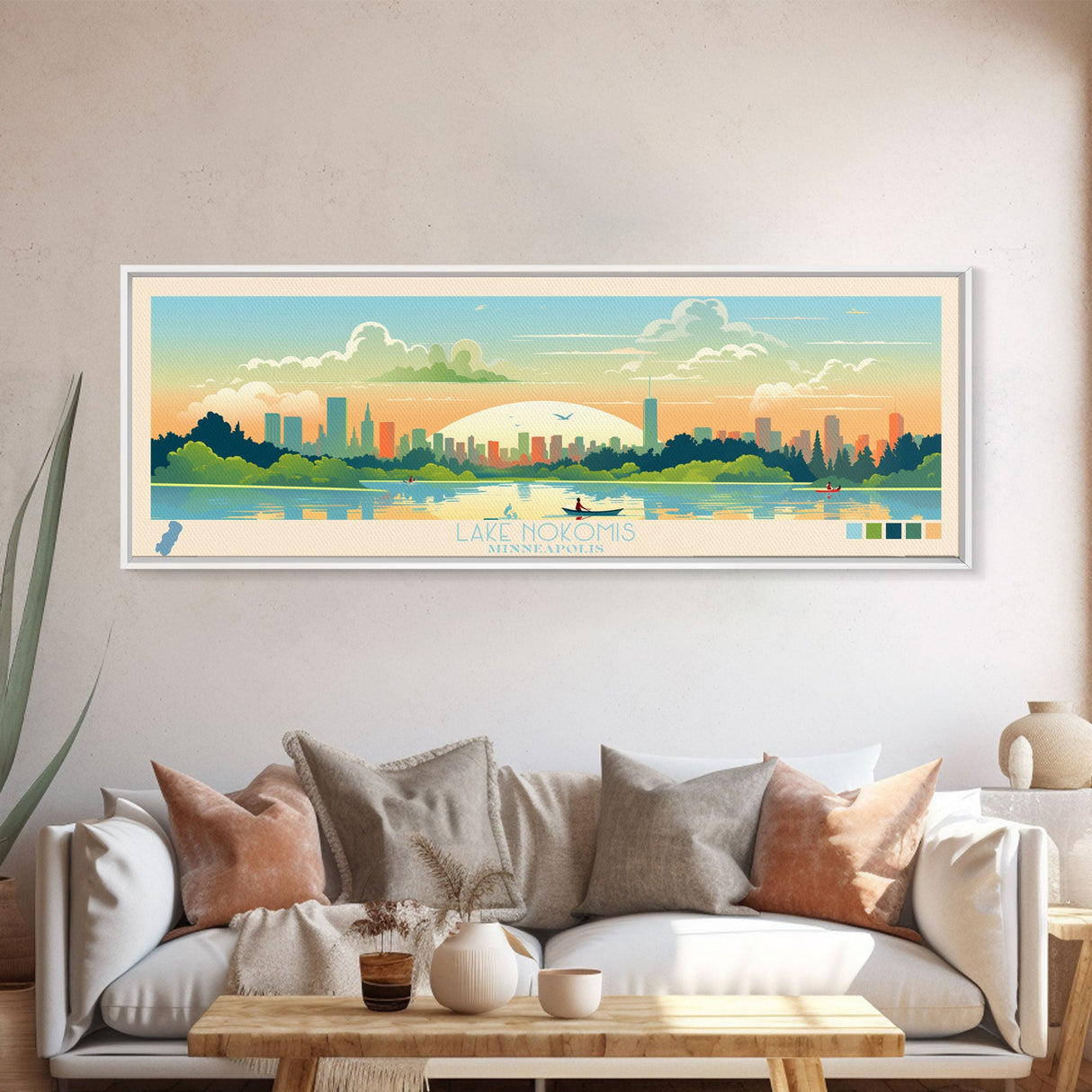 Lake Nokomis Minneapolis Framed Canvas Print, Panoramic Wall Art, Midcentury Modern, Pop Art, Bedroom Art, Travel Poster, Lake House Decor