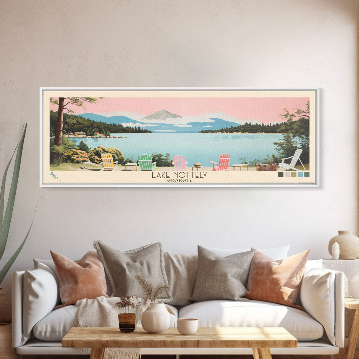 Lake Nottely Georgia Framed Canvas Print, Panoramic Wall Art, Midcentury Modern, Pop Art, Living Room Decor, Travel Poster, Lake House Art