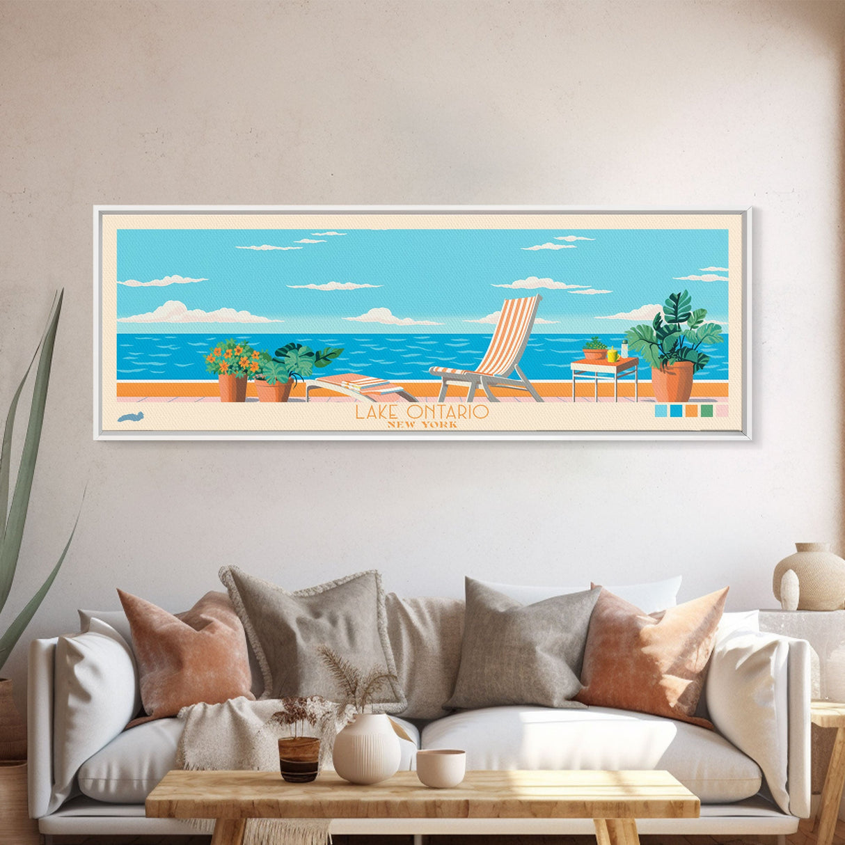 Lake Ontario New York Framed Canvas Print, Panoramic Wall Art, Midcentury Modern, Pop Art, Bedroom Art, Travel Poster, Lake House Decor