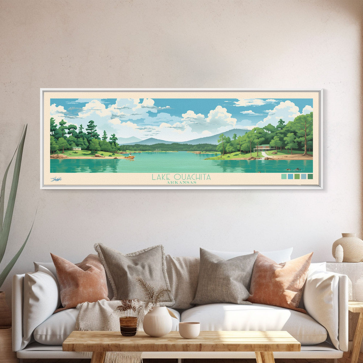 Lake Ouachita Arkansas Framed Canvas Print, Panoramic Wall Art, Midcentury Modern, Pop Art, Living Room Decor, Travel Poster, Lake House Art