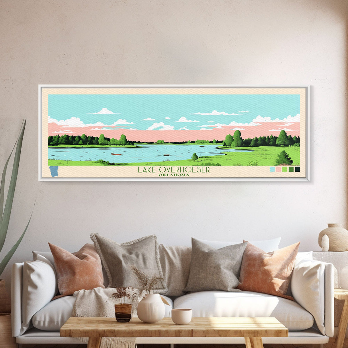 Lake Overholser Oklahoma Framed Canvas Print, Panoramic Wall Art, Midcentury Modern, Pop Art, Bedroom Art, Travel Poster, Lake House Decor