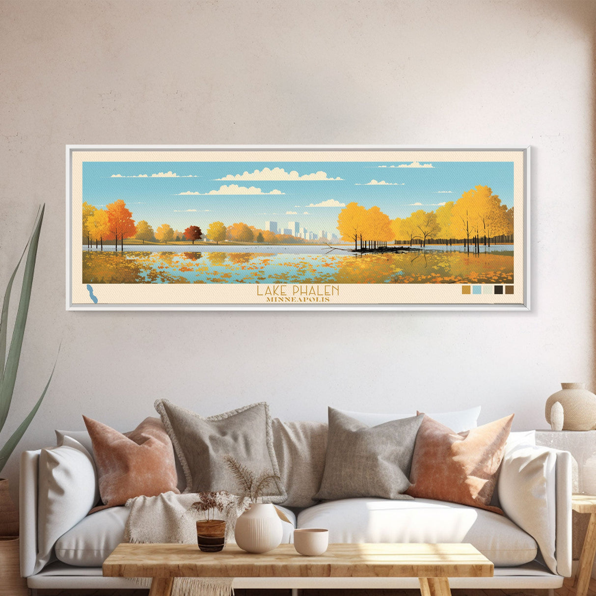 Lake Phalen Minneapolis Framed Canvas Print, Panoramic Wall Art, Midcentury Modern, Pop Art, Living Room Decor, Travel Poster, Lake House Art