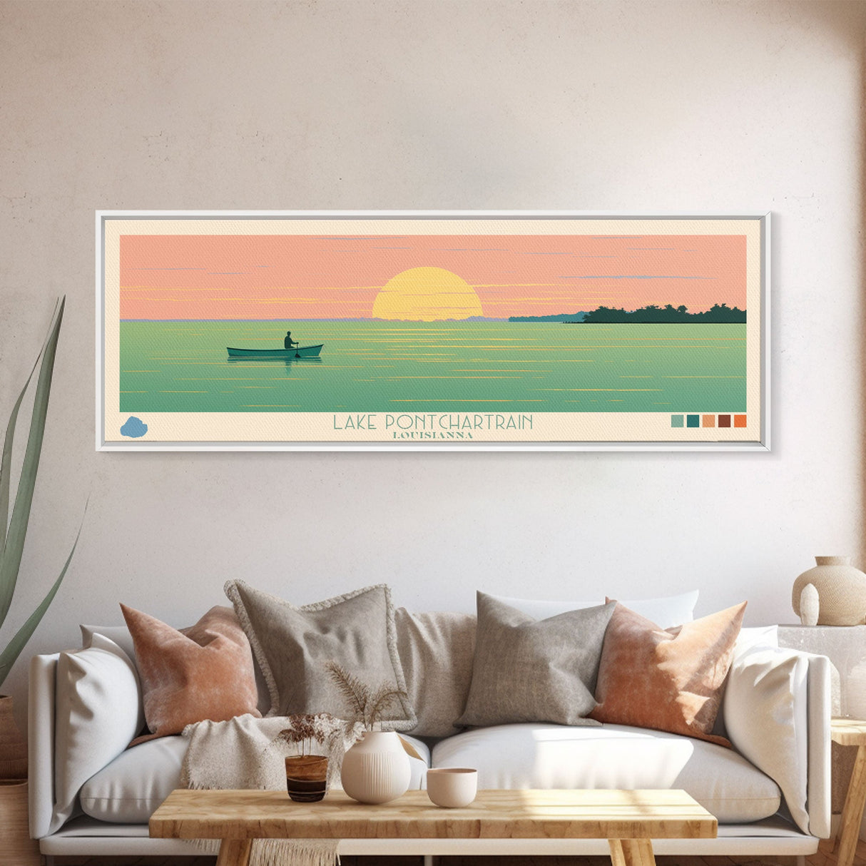 Lake Pontchartrain Louisiana Framed Canvas Print, Panoramic Wall Art, Midcentury Modern, Pop Art, Bedroom Art, Travel Poster, Lake House Decor