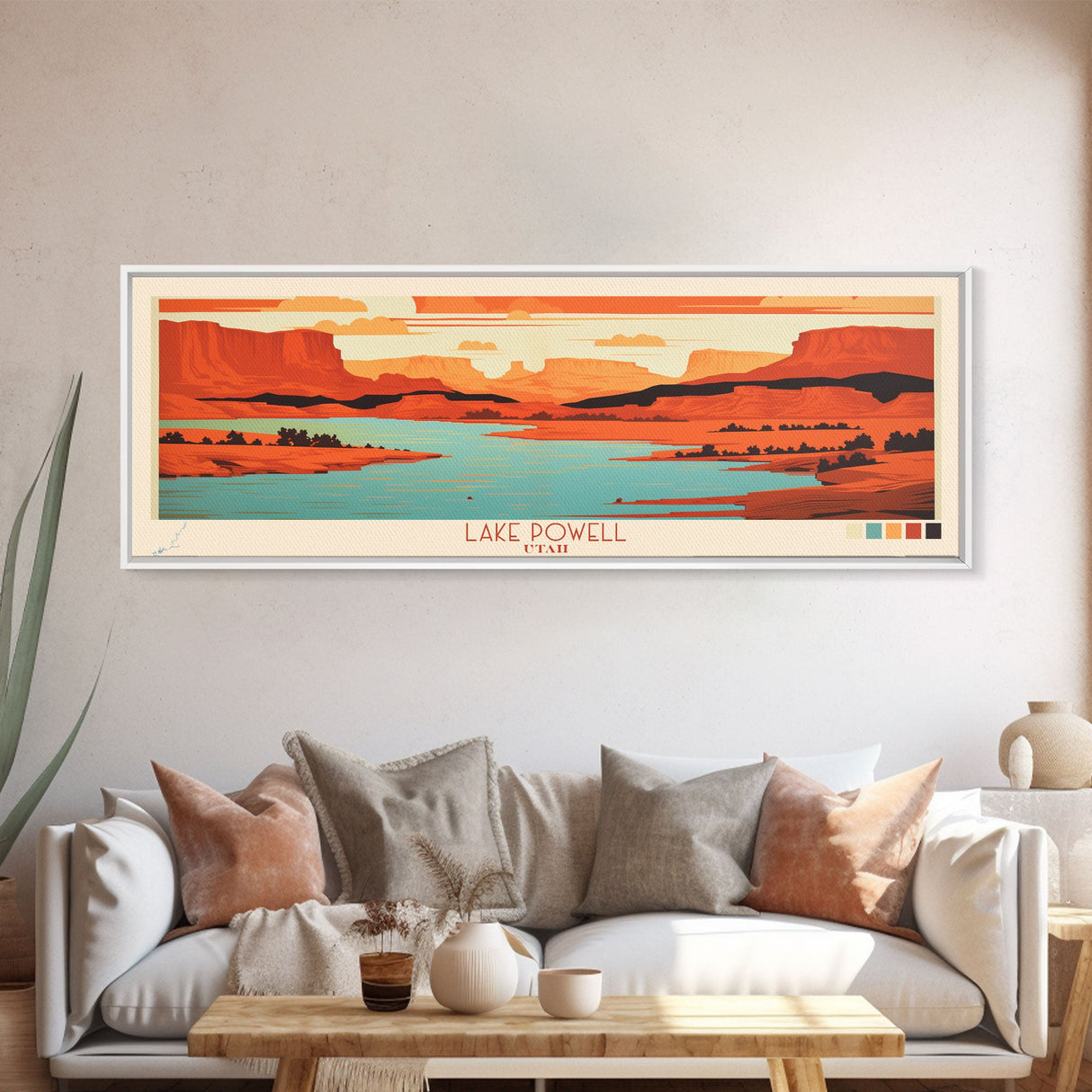 Lake Powell Utah Framed Canvas Print, Panoramic Wall Art, Midcentury Modern, Pop Art, Living Room Decor, Travel Poster, Lake House Art