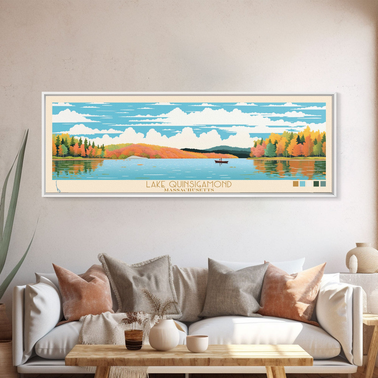 Lake Quinsigamond Massachusetts Framed Canvas Print, Panoramic Wall Art, Midcentury Modern, Pop Art, Bedroom Art, Travel Poster, Lake House Decor