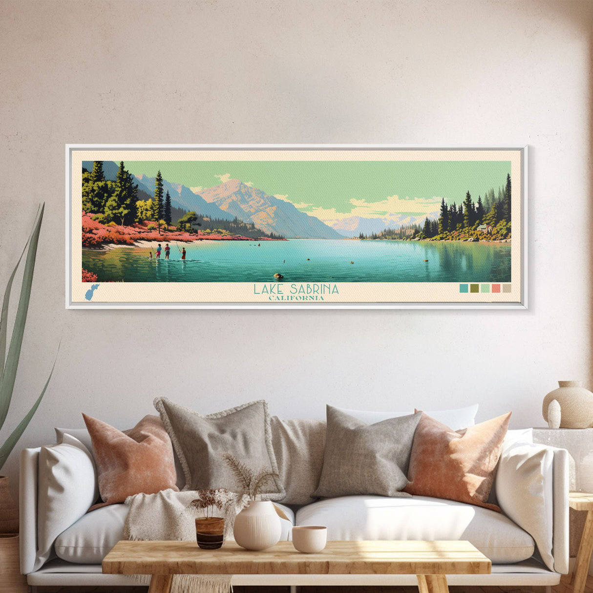 Lake Sabrina California Framed Canvas Print, Panoramic Wall Art, Midcentury Modern, Pop Art, Bedroom Art, Travel Poster, Lake House Decor