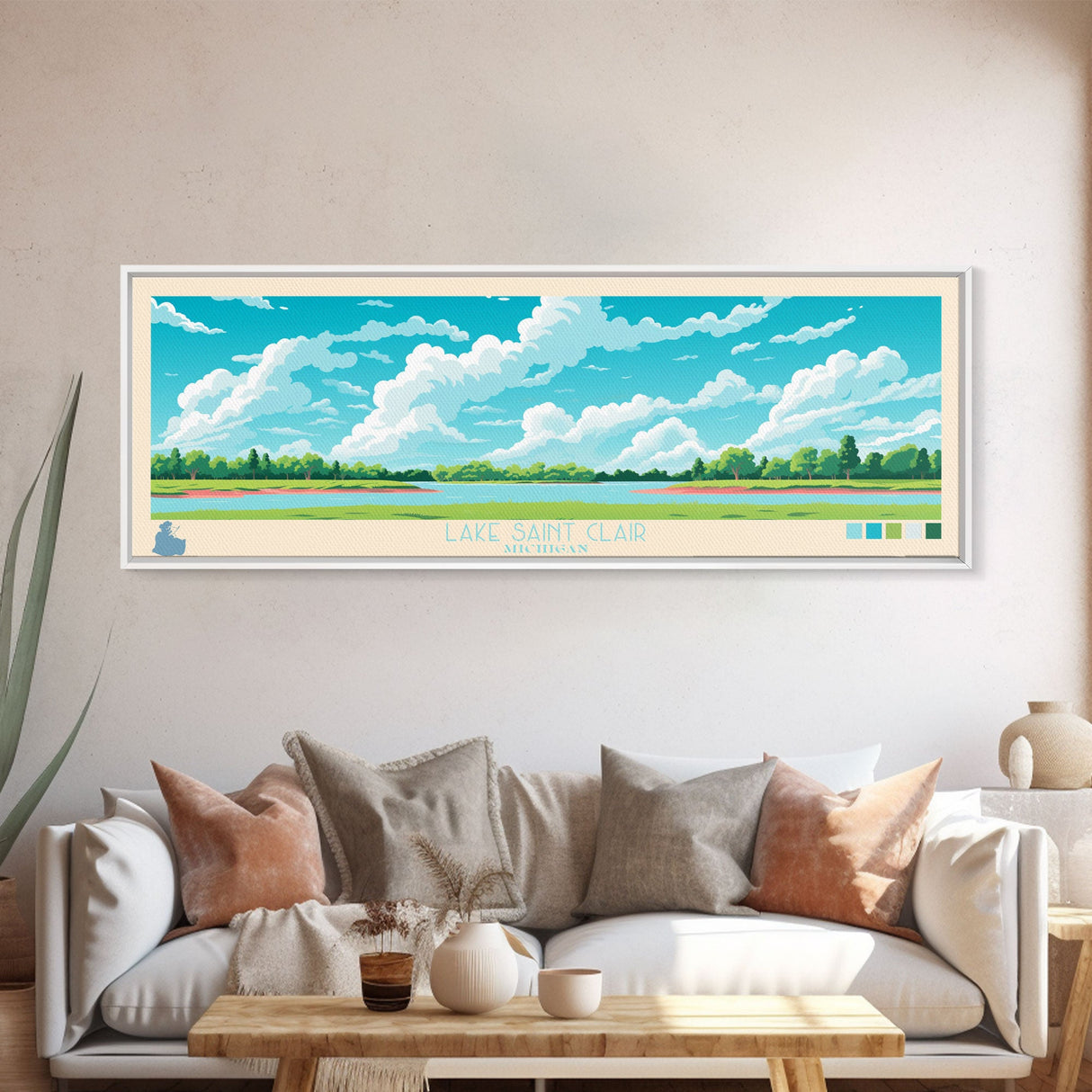 Lake Saint Clair Michigan Framed Canvas Print, Panoramic Wall Art, Midcentury Modern, Pop Art, Bedroom Art, Travel Poster, Lake House Decor