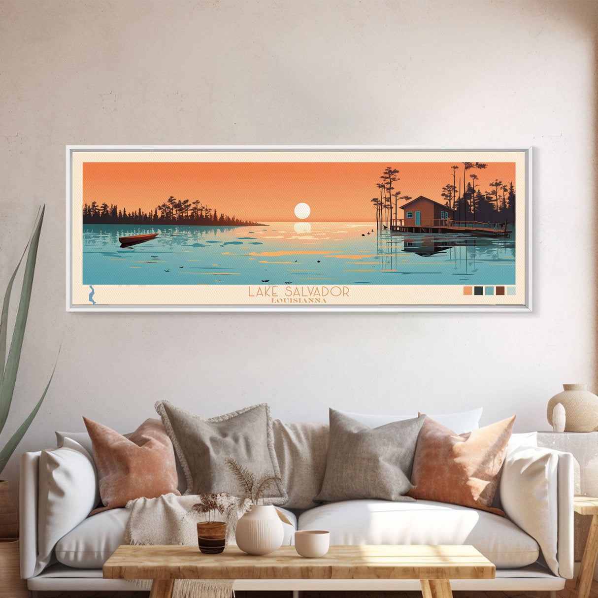 Lake Salvador Louisiana Framed Canvas Print, Panoramic Wall Art, Midcentury Modern, Pop Art, Bedroom Art, Travel Poster, Lake House Decor