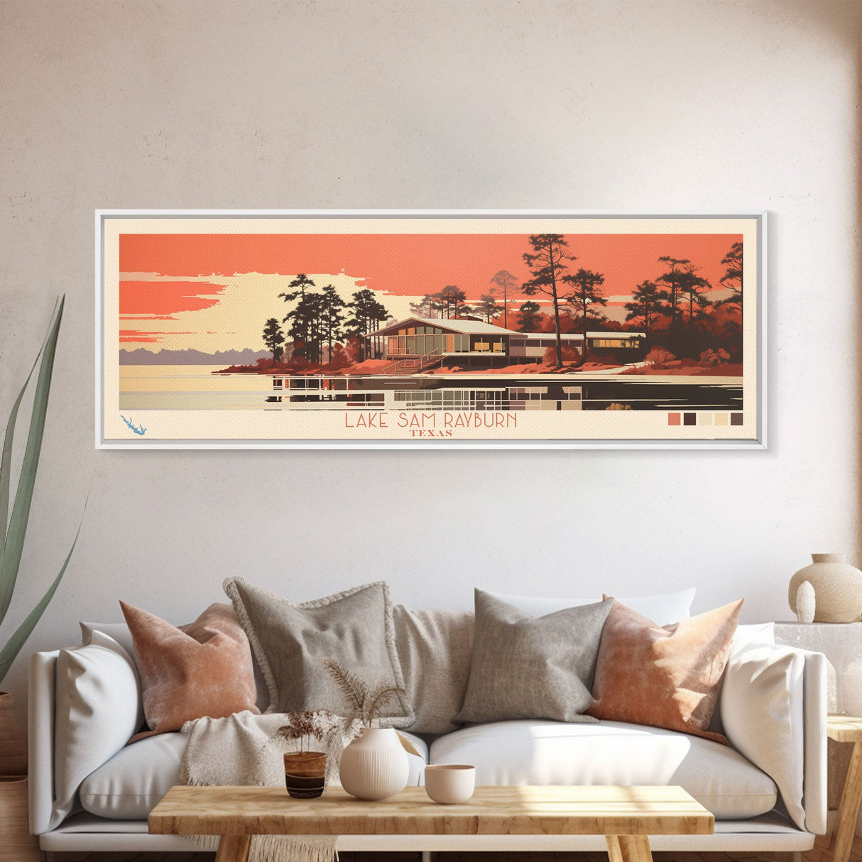 Lake Sam Rayburn Texas Framed Canvas Print, Panoramic Wall Art, Midcentury Modern, Pop Art, Living Room Decor, Travel Poster, Lake House Art