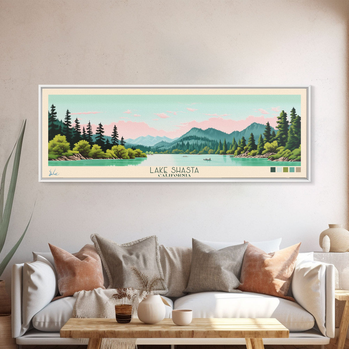 Lake Shasta California Framed Canvas Print, Panoramic Wall Art, Midcentury Modern, Pop Art, Living Room Decor, Travel Poster, Lake House Art