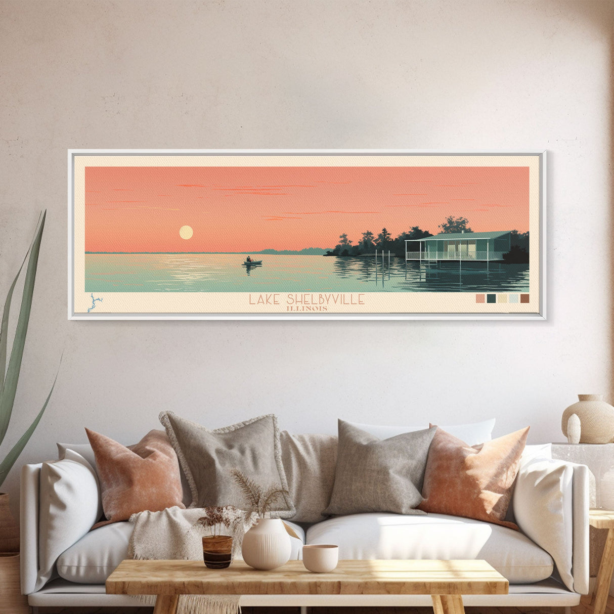 Lake Shelbyville Illinois Framed Canvas Print, Panoramic Wall Art, Midcentury Modern, Pop Art, Bedroom Art, Travel Poster, Lake House Decor