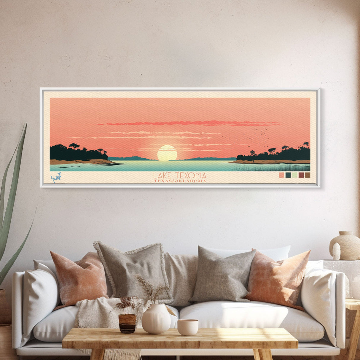 Lake Texoma Oklahoma Framed Canvas Print, Panoramic Wall Art, Midcentury Modern, Pop Art, Bedroom Art, Travel Poster, Lake House Decor