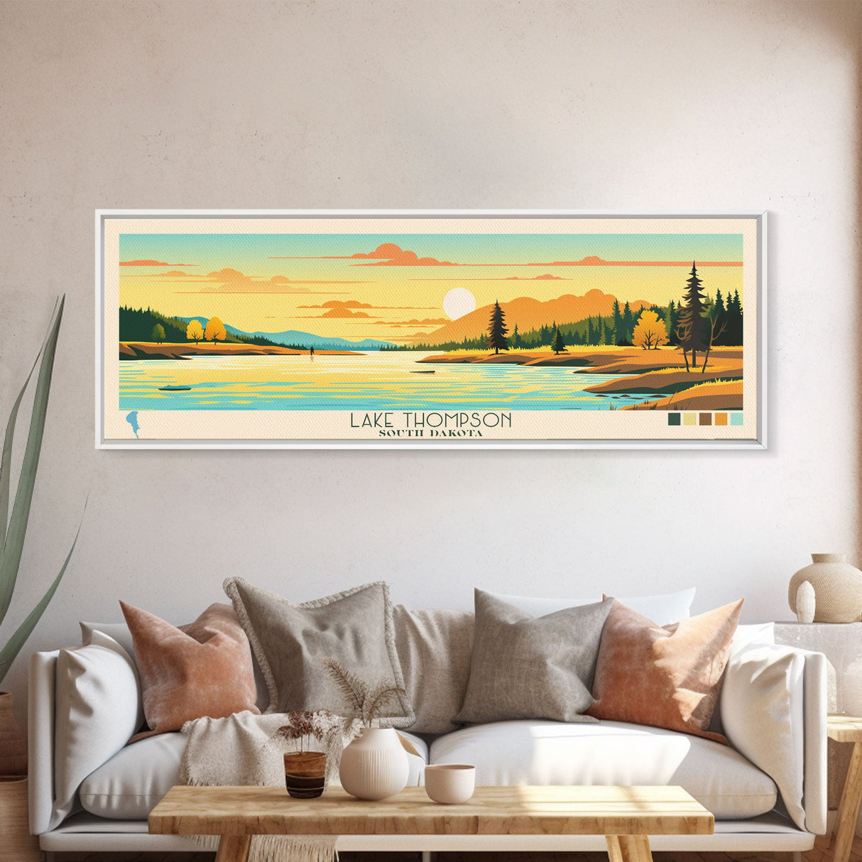 Lake Thompson South Dakota Framed Canvas Print, Panoramic Wall Art, Midcentury Modern, Pop Art, Bedroom Art, Travel Poster, Lake House Decor