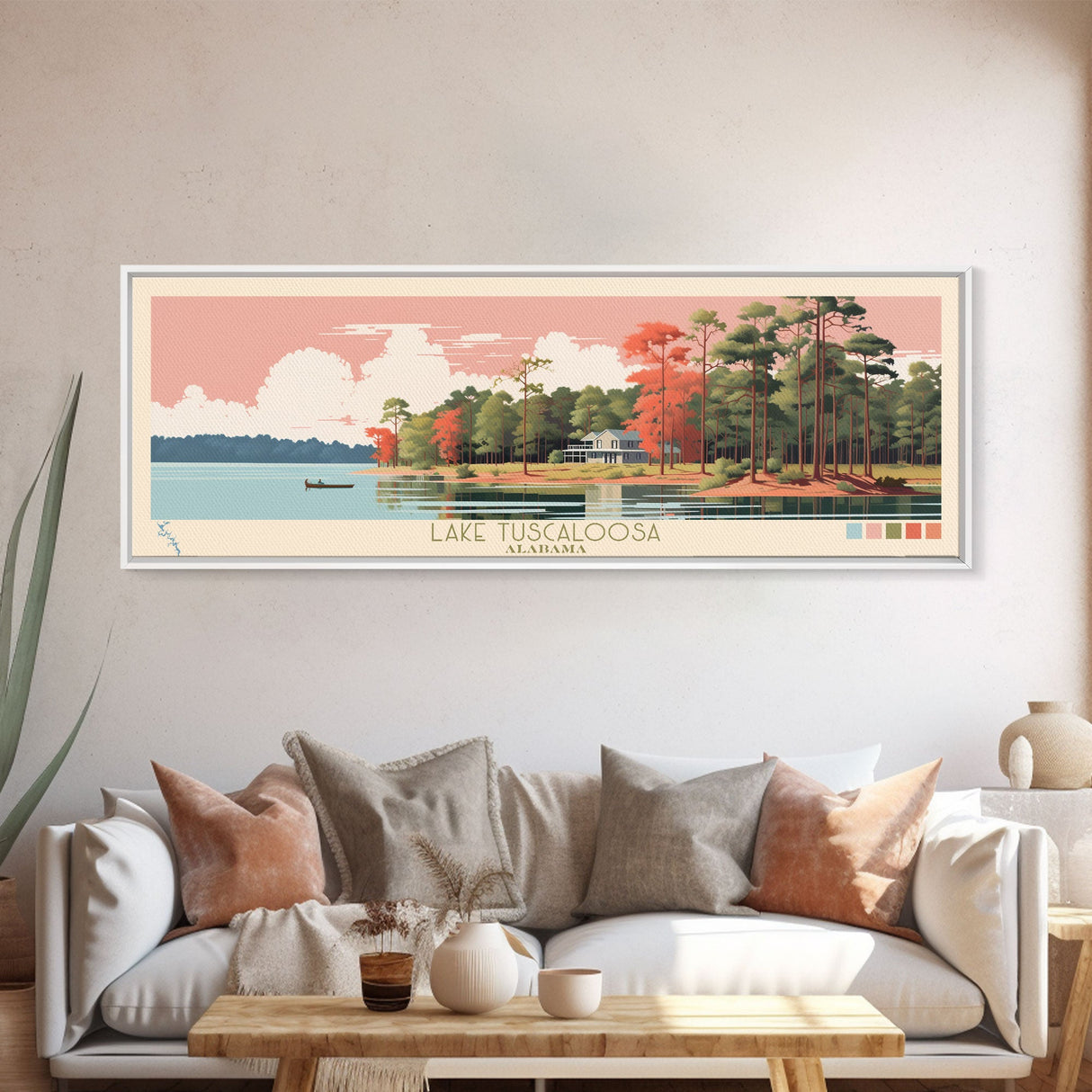 Lake Tuscaloosa, Alabama Panoramic Wall Art Framed Canvas Print, Midcentury Modern, Pop Art, Home Decor, Travel Poster, Bedroom Art