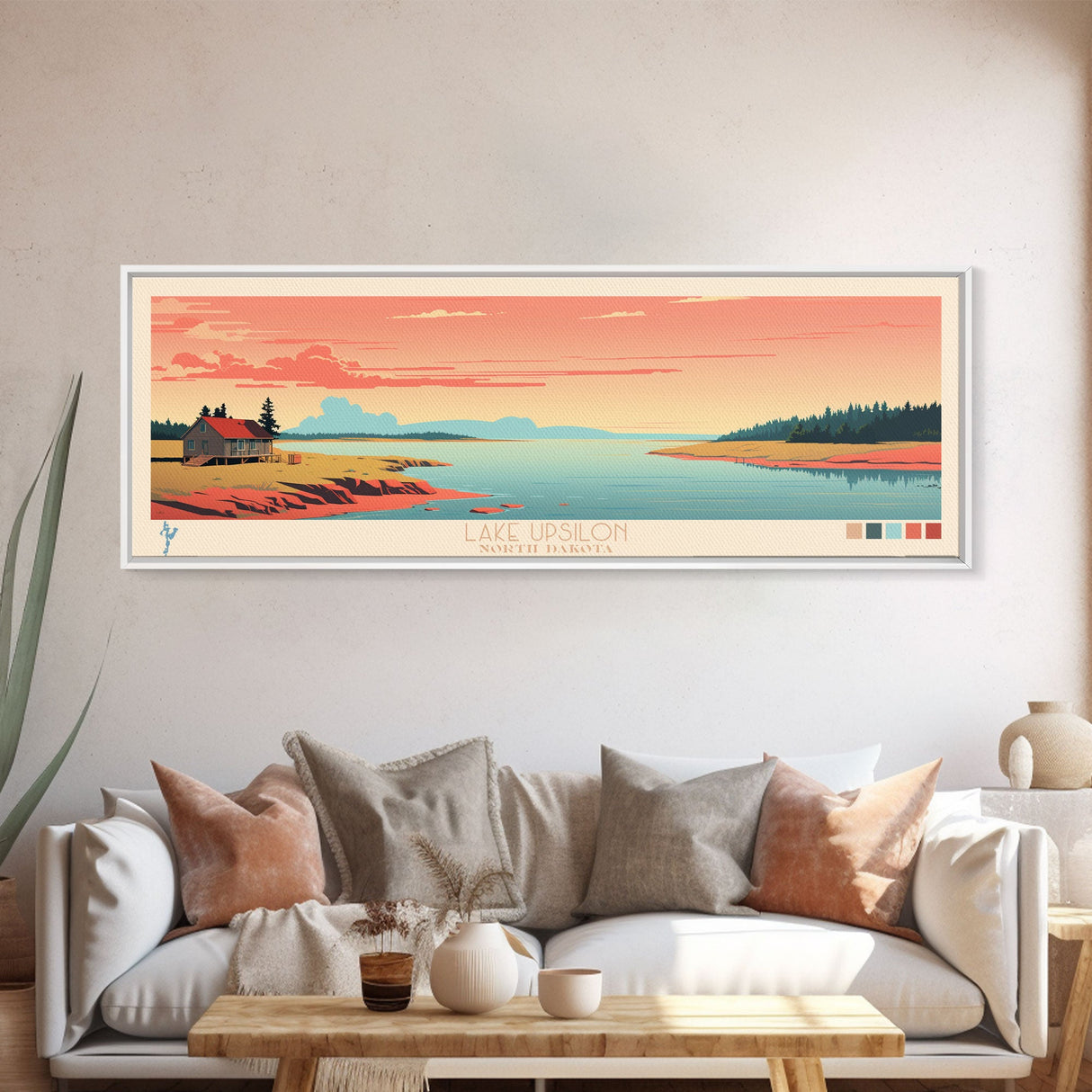 Lake Upsilon, North Dakota Panoramic Wall Art Framed Canvas Print, Midcentury Modern, Pop Art, Home Decor, Travel Poster, Living Room Art