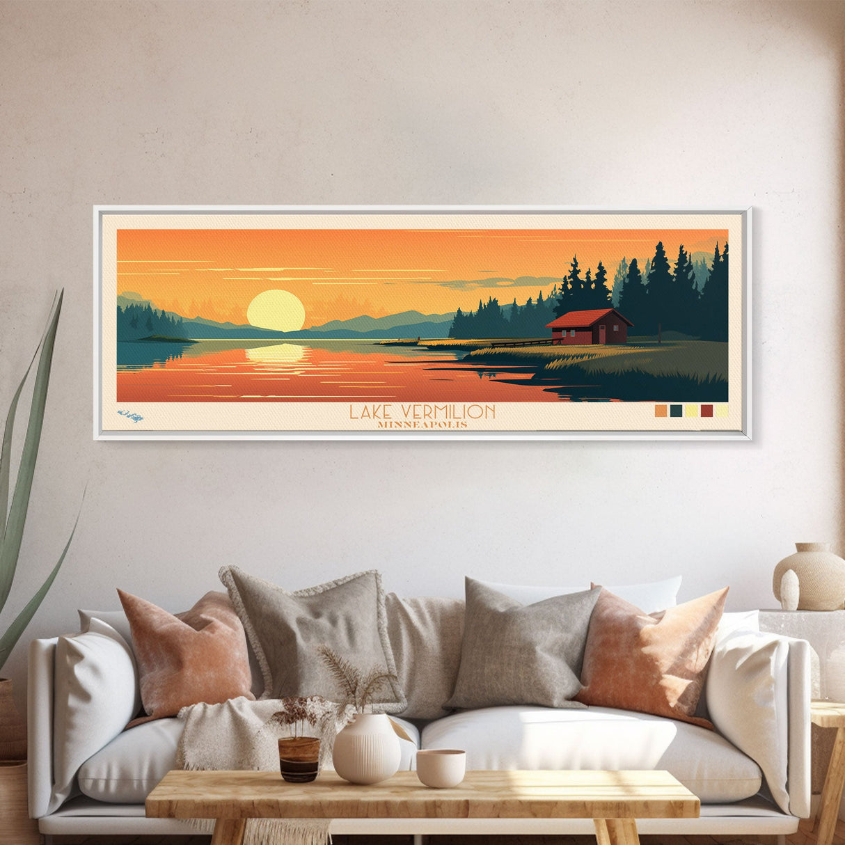 Lake Vermilion, Minneapolis Panoramic Wall Art Framed Canvas Print, Midcentury Modern, Pop Art, Home Decor, Travel Poster, Bedroom Art