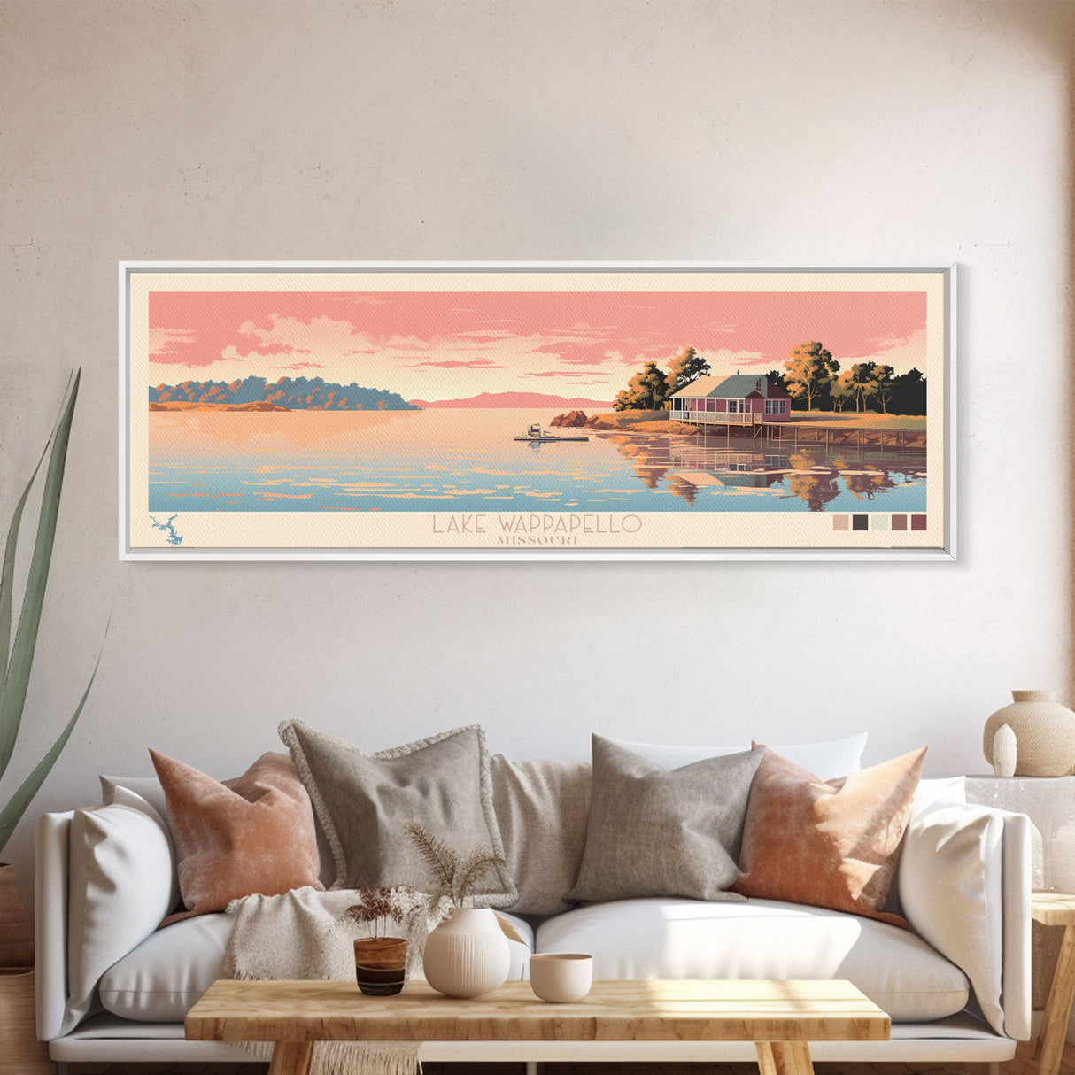 Lake Wappapello, Missouri Panoramic Wall Art Framed Canvas Print, Midcentury Modern, Pop Art, Home Decor, Travel Poster, Bedroom Art