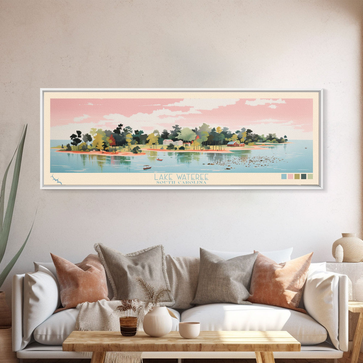 Lake Wateree, South Carolina Panoramic Wall Art Framed Canvas Print, Midcentury Modern, Pop Art, Home Decor, Travel Poster, Living Room Art