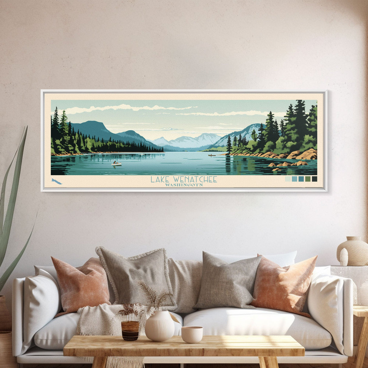 Lake Wenatchee, Washington Panoramic Wall Art Framed Canvas Print, Midcentury Modern, Pop Art, Home Decor, Travel Poster, Bedroom Art