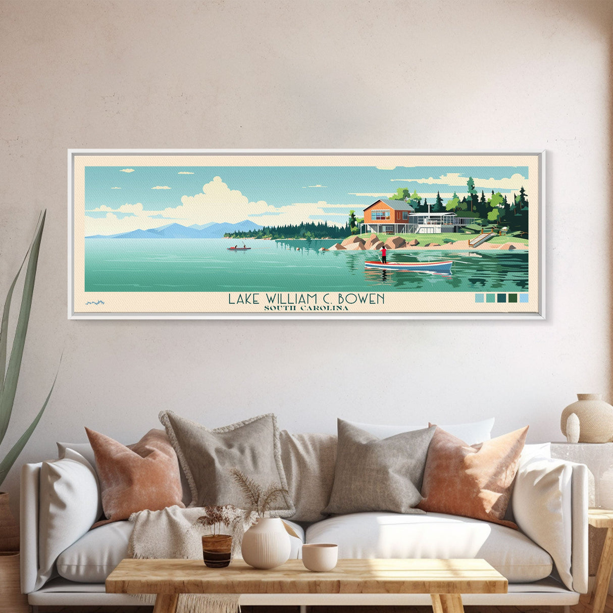 Lake William C. Bowen, South Carolina Panoramic Wall Art Framed Canvas Print, Midcentury Modern, Pop Art, Home Decor, Travel Poster, Bedroom Art