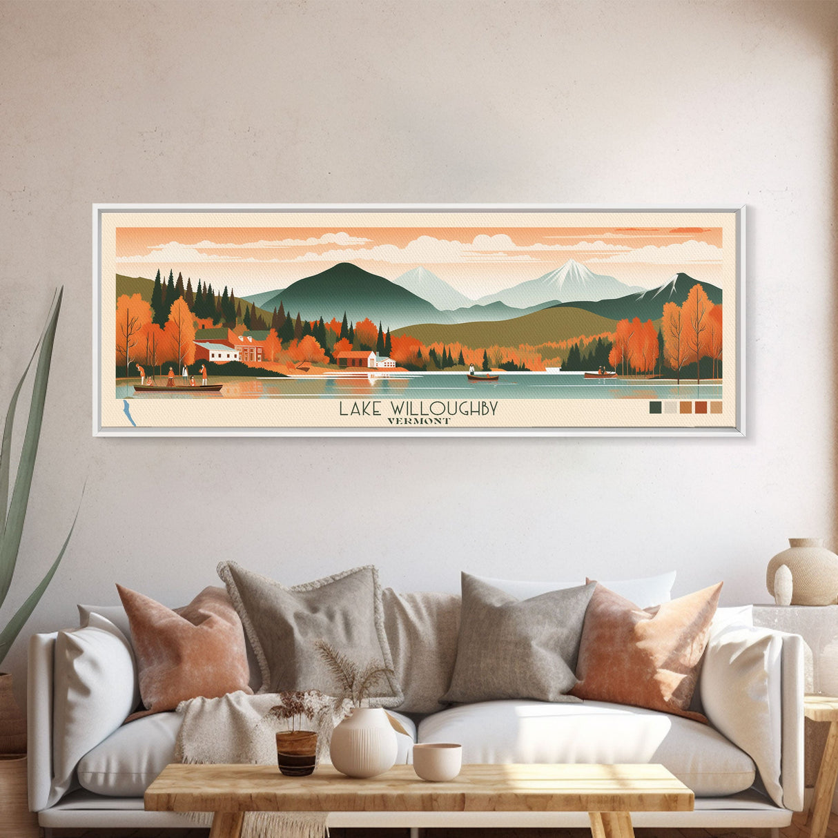 Lake Willoughby, Vermont Panoramic Wall Art Framed Canvas Print, Midcentury Modern, Pop Art, Home Decor, Travel Poster, Living Room Art