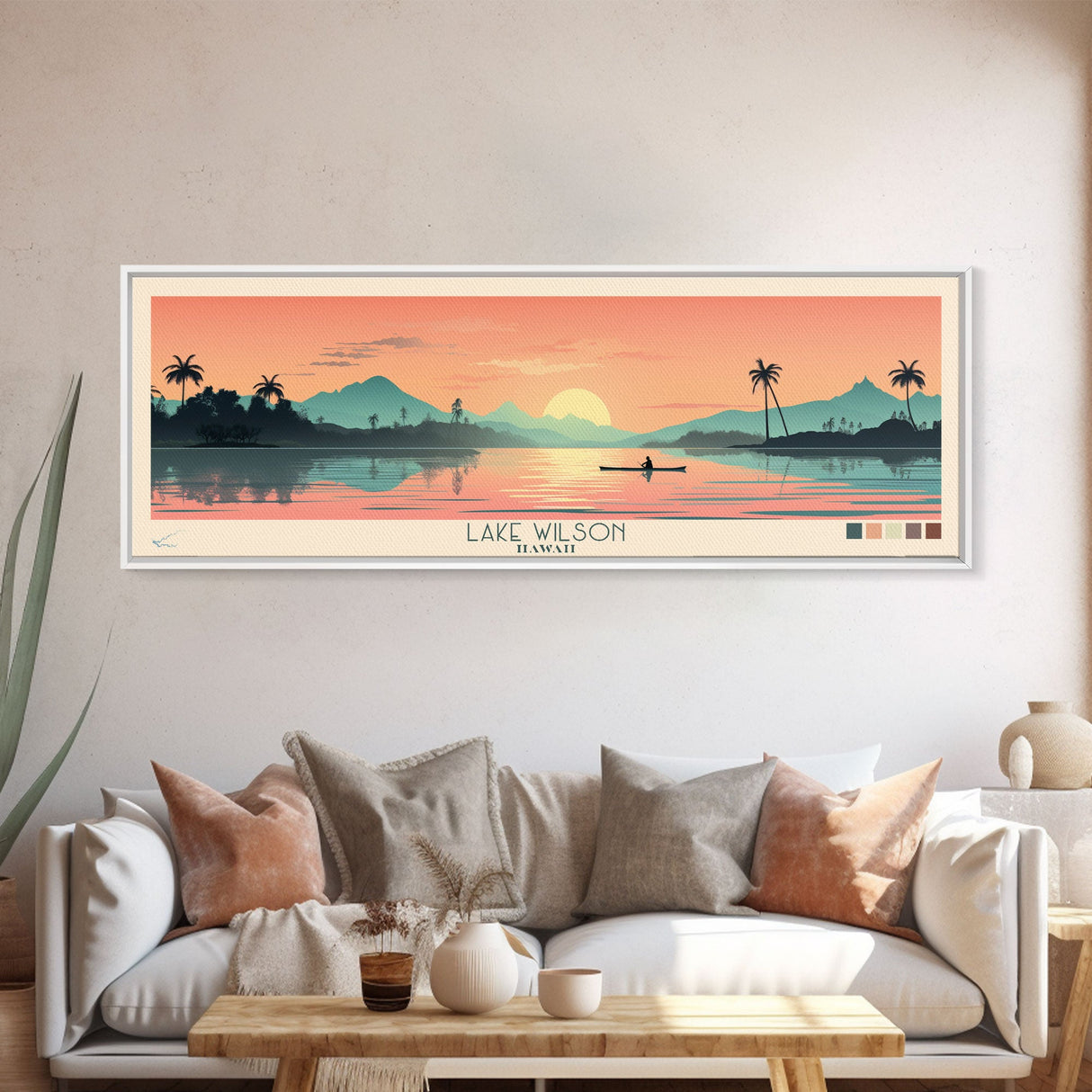 Lake Wilson, Hawaii Panoramic Wall Art Framed Canvas Print, Midcentury Modern, Pop Art, Home Decor, Travel Poster, Living Room Art