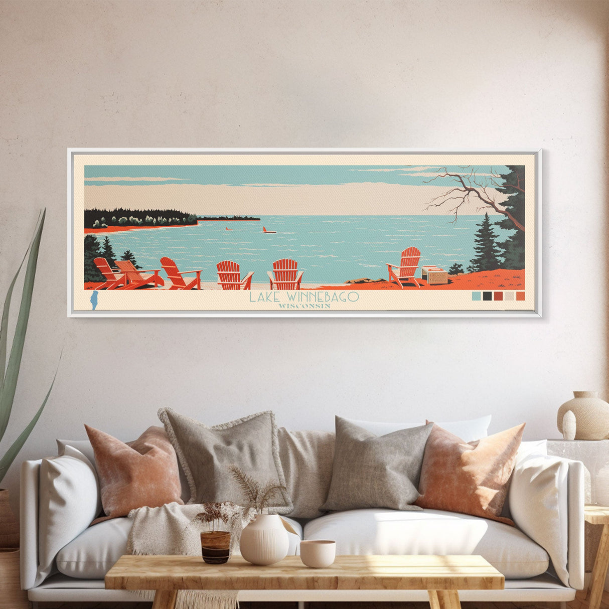 Lake Winnebago, Wisconsin Panoramic Wall Art Framed Canvas Print, Midcentury Modern, Pop Art, Home Decor, Travel Poster, Living Room Art