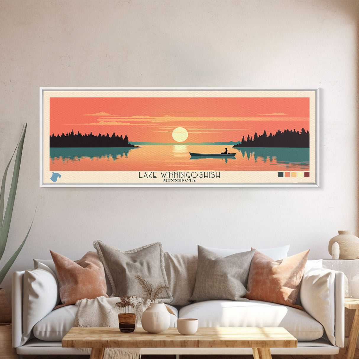 Lake Winnibigoshish, Minnesota Panoramic Wall Art Framed Canvas Print, Midcentury Modern, Pop Art, Home Decor, Travel Poster, Bedroom Art