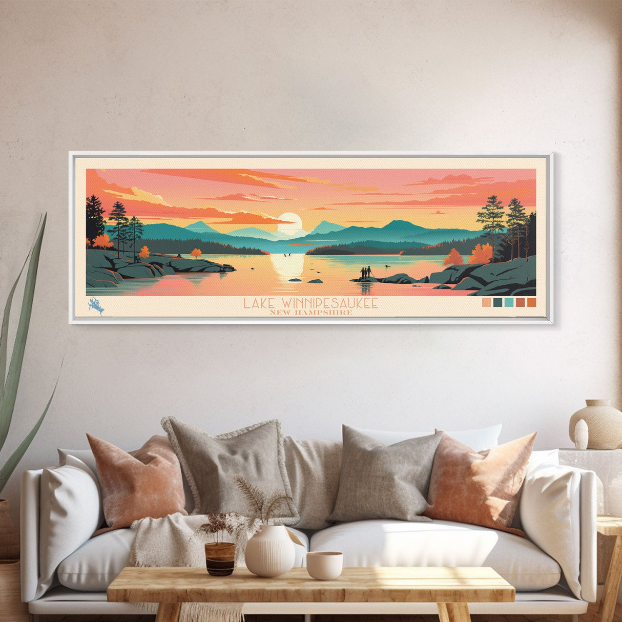 Lake Winnipesaukee, New Hampshire Panoramic Wall Art Framed Canvas Print, Midcentury Modern, Pop Art, Home Decor, Travel Poster, Living Room Art