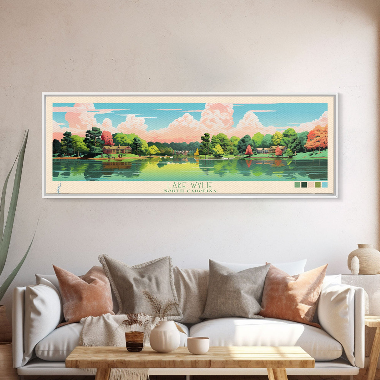 Lake Wylie, North Carolina Panoramic Wall Art Framed Canvas Print, Midcentury Modern, Pop Art, Home Decor, Travel Poster, Bedroom Art