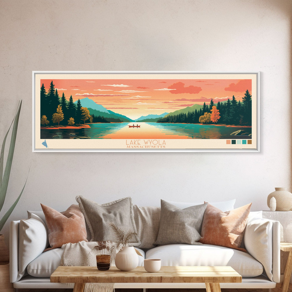 Lake Wyola, Massachusetts Panoramic Wall Art Framed Canvas Print, Midcentury Modern, Pop Art, Home Decor, Travel Poster, Bedroom Art