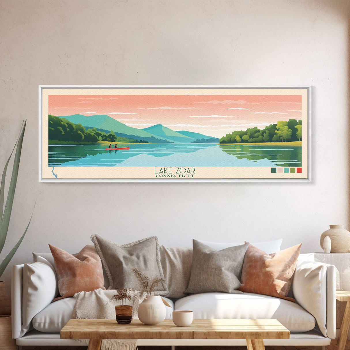 Lake Zoar, Connecticut Panoramic Wall Art Framed Canvas Print, Midcentury Modern, Pop Art, Home Decor, Travel Poster, Living Room Art