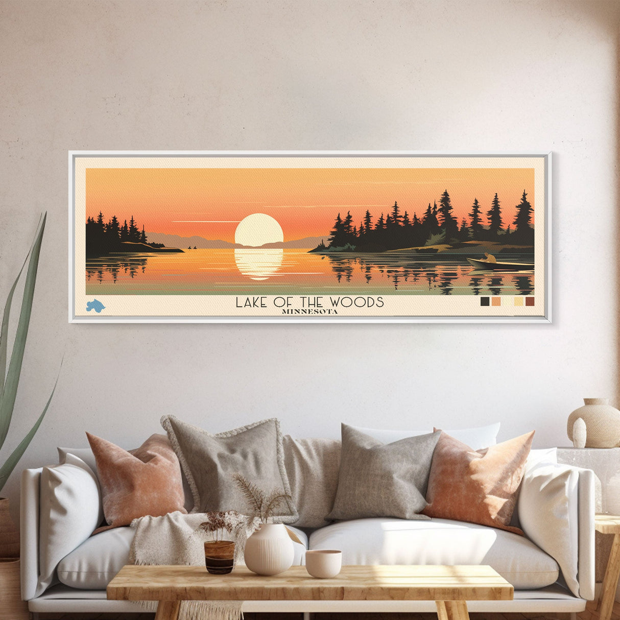 Lake of the Woods Minnesota Framed Canvas Print, Panoramic Wall Art, Midcentury Modern, Pop Art, Bedroom Art, Travel Poster, Lake House Decor