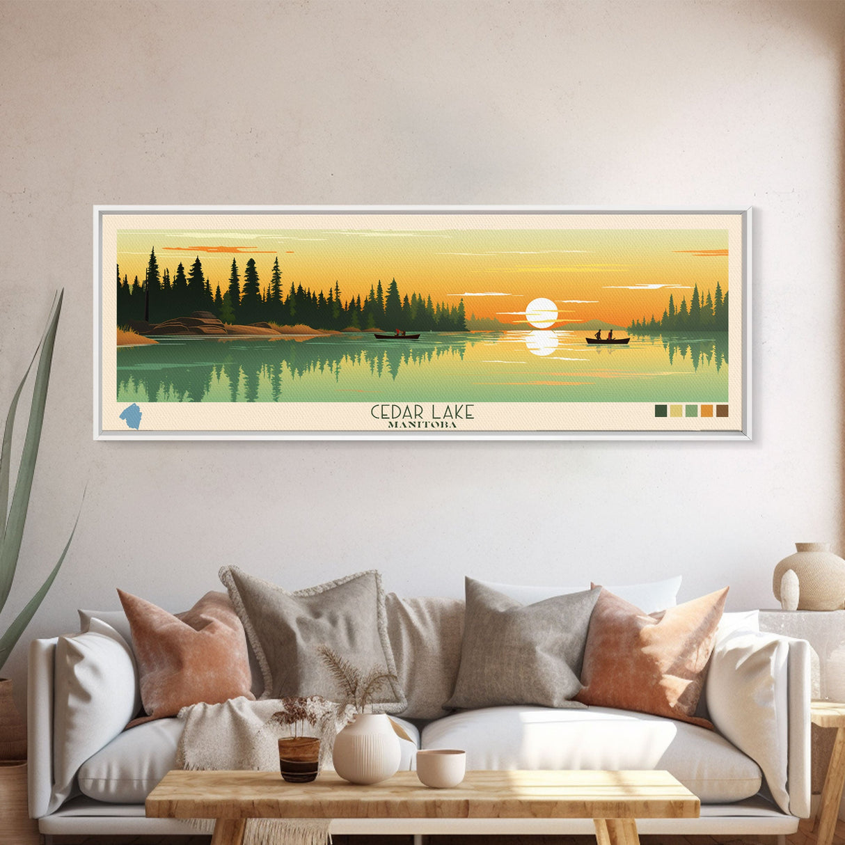 Lakes Cedar, Manitoba Panoramic Wall Art Framed Canvas Print, Midcentury Modern, Pop Art, Home Decor, Travel Poster, Living Room Art