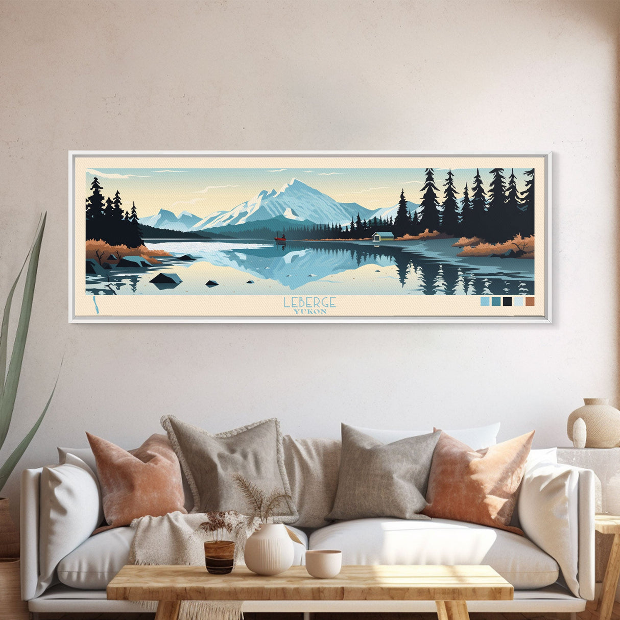 Leberge Lake, Yukon Panoramic Wall Art Framed Canvas Print, Midcentury Modern, Pop Art, Home Decor, Travel Poster, Bedroom Art