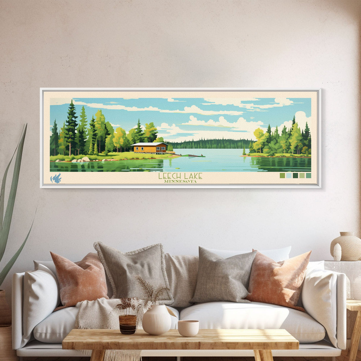 Leech Lake, Minnesota Panoramic Wall Art Framed Canvas Print, Midcentury Modern, Pop Art, Home Decor, Travel Poster, Living Room Art