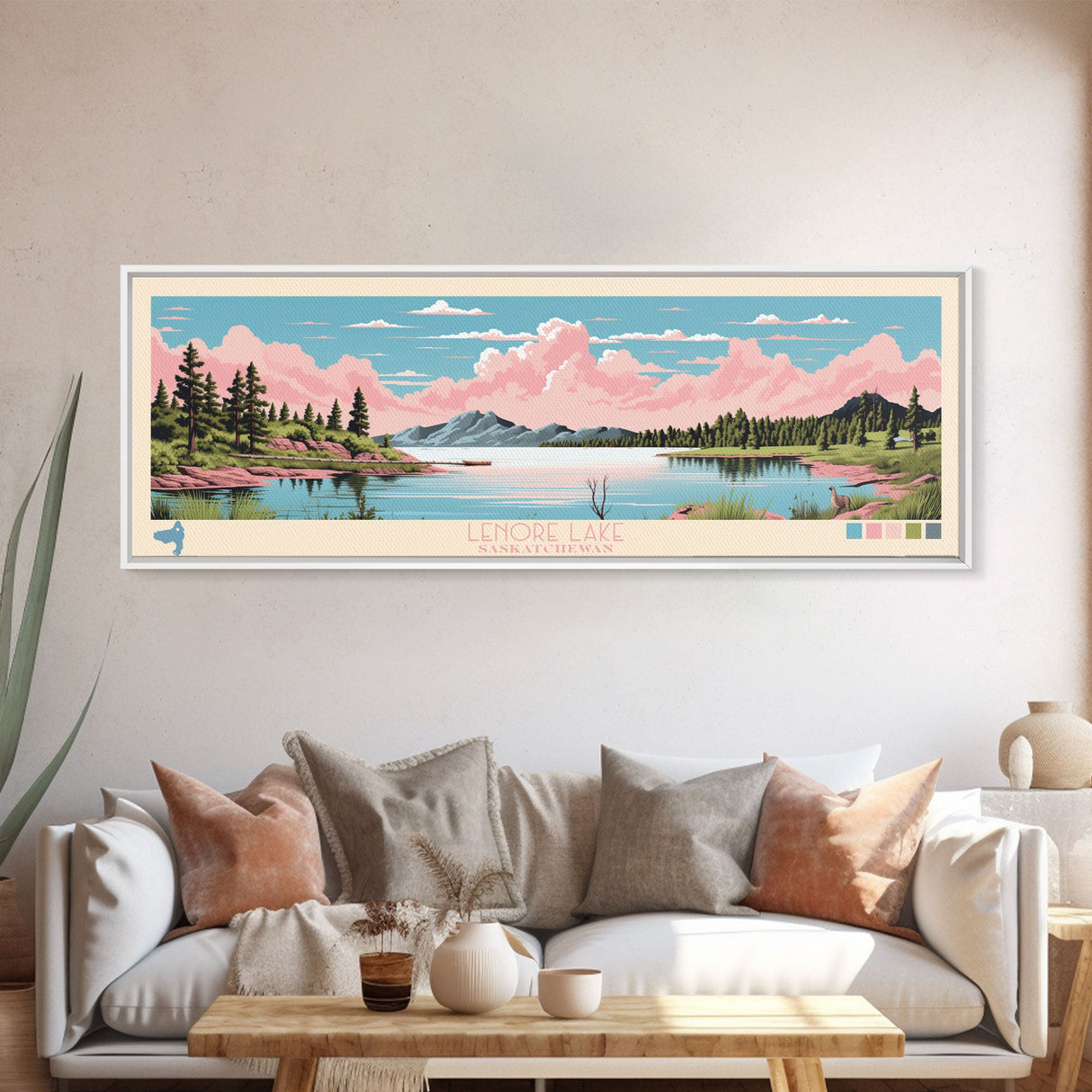 Leigh Lake, Wyoming Panoramic Wall Art Framed Canvas Print, Midcentury Modern, Pop Art, Home Decor, Travel Poster, Bedroom Art