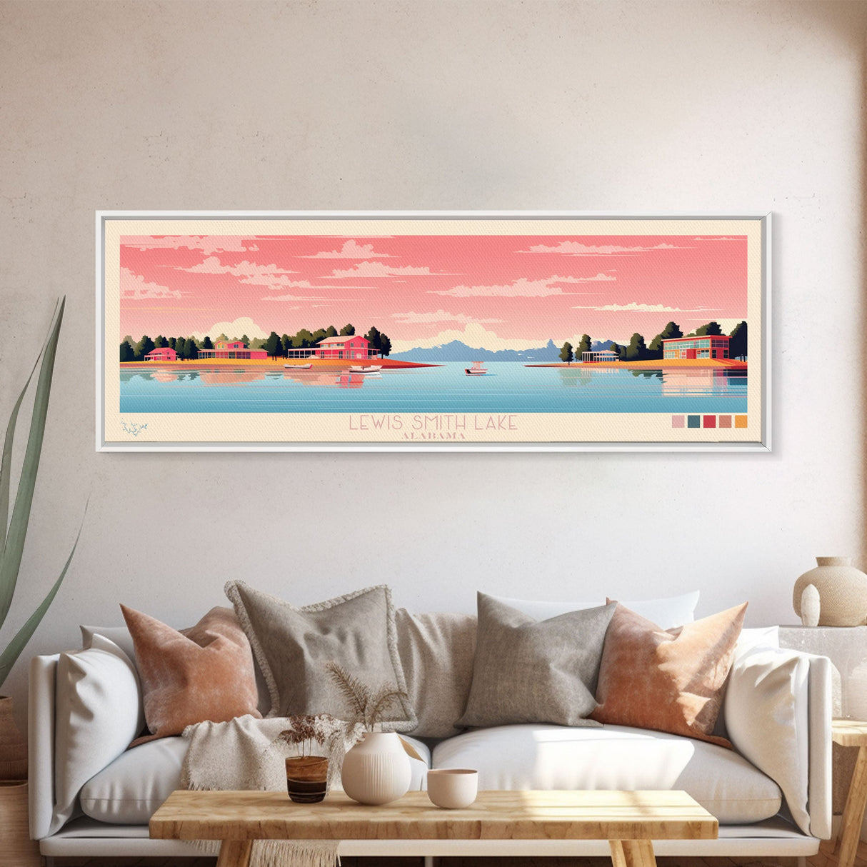 Lewis Smith Lake, Alabama Panoramic Wall Art Framed Canvas Print, Midcentury Modern, Pop Art, Home Decor, Travel Poster, Living Room Art