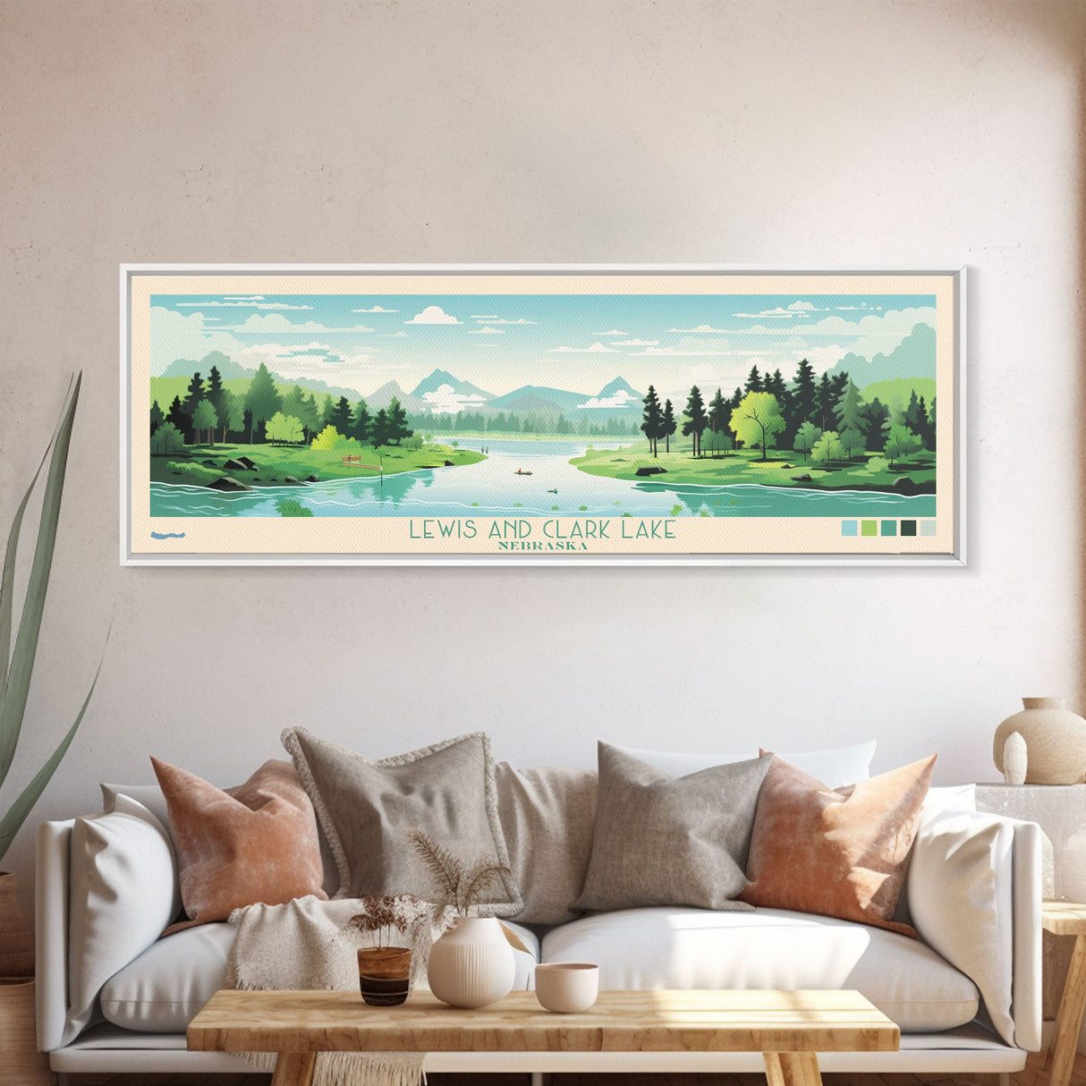 Lewis and Clark Lake, Nebraska Panoramic Wall Art Framed Canvas Print, Midcentury Modern, Pop Art, Home Decor, Travel Poster, Bedroom Art