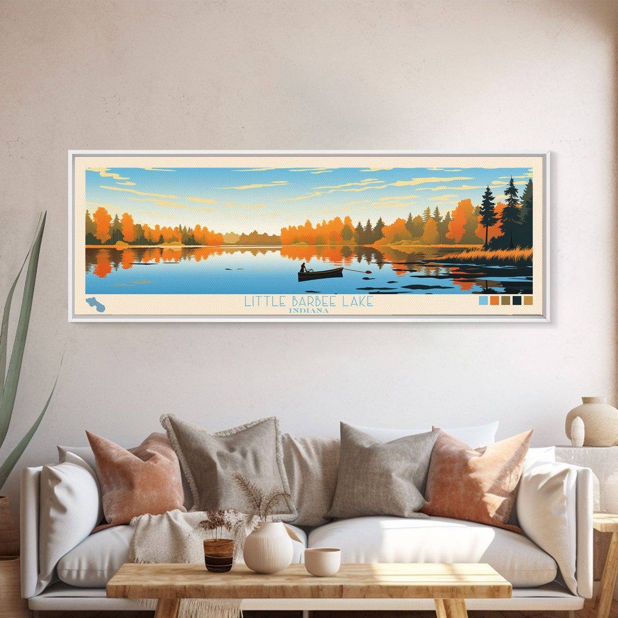 Little Barbee Lake, Indiana Panoramic Wall Art Framed Canvas Print, Midcentury Modern, Pop Art, Home Decor, Travel Poster, Living Room Art