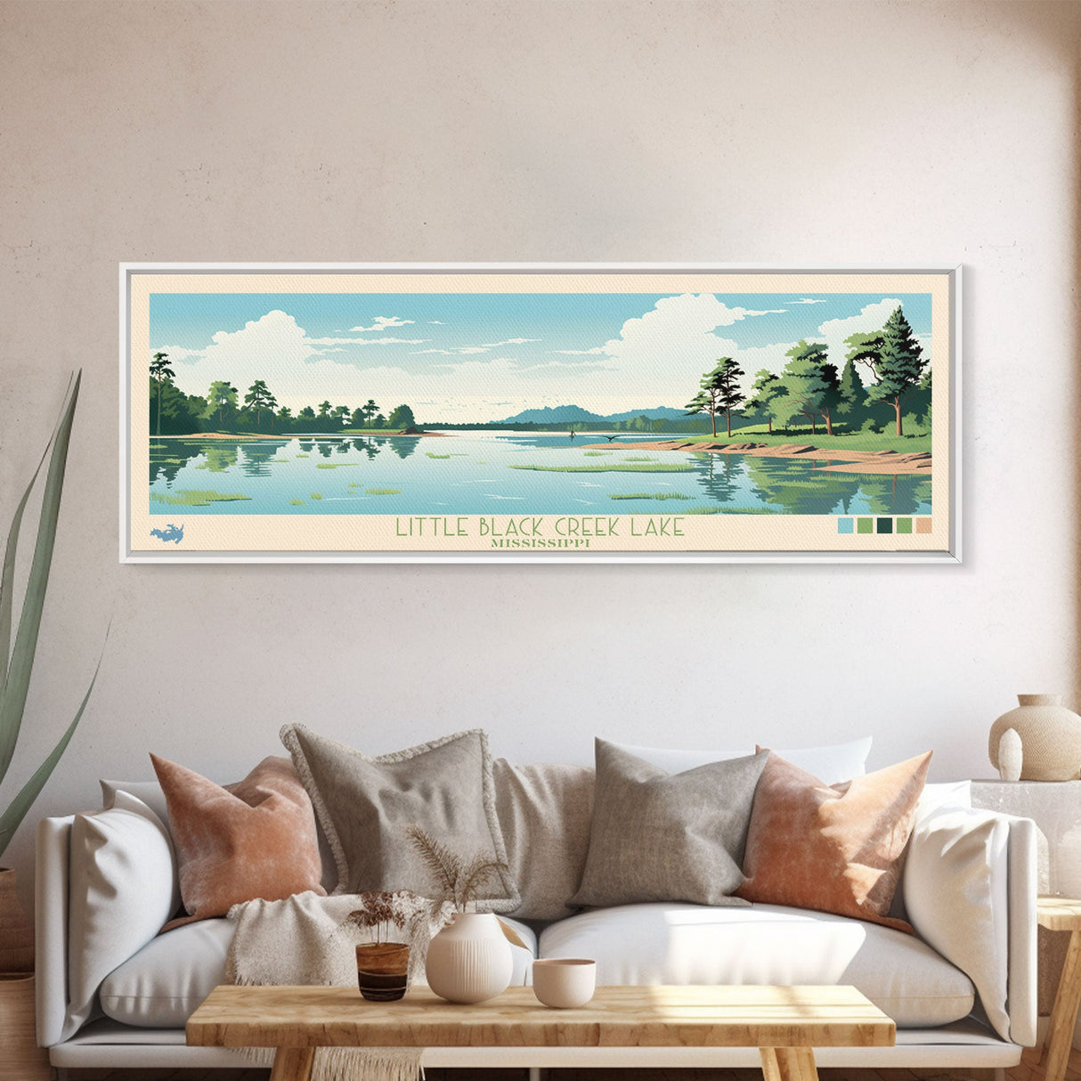 Little Black Creek Lake, Mississippi Panoramic Wall Art Framed Canvas Print, Midcentury Modern, Pop Art, Home Decor, Travel Poster, Bedroom Art