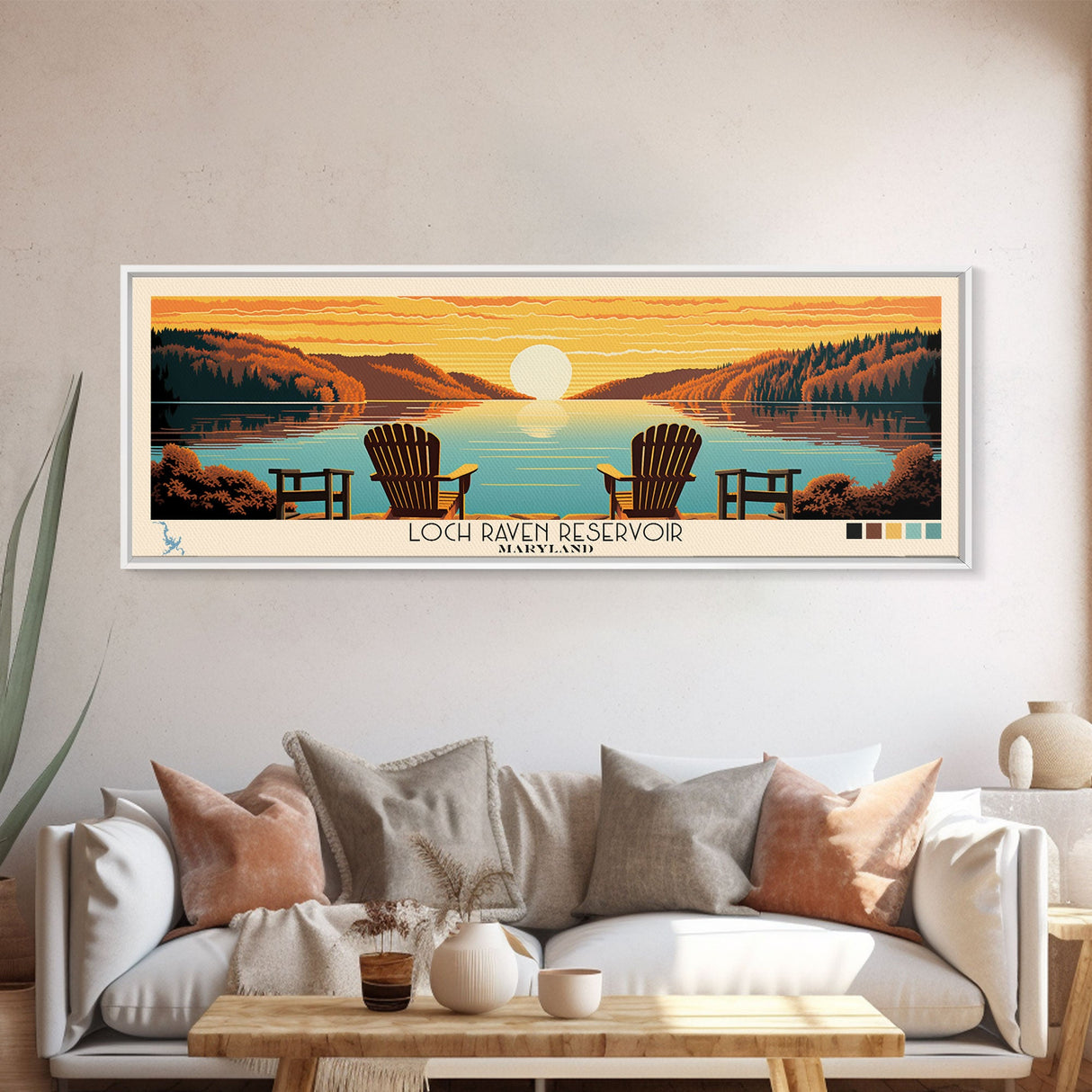 Loch Raven Reservoir, Maryland Panoramic Wall Art Framed Canvas Print, Midcentury Modern, Pop Art, Home Decor, Travel Poster, Living Room Art