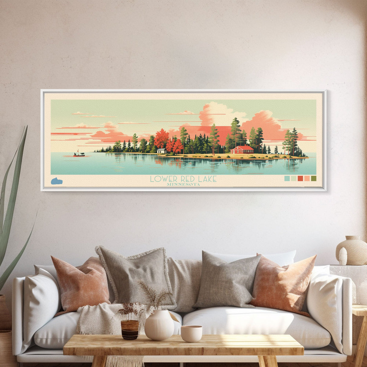 Lower Red Lake, Minnesota Panoramic Wall Art Framed Canvas Print, Midcentury Modern, Pop Art, Home Decor, Travel Poster, Living Room Art