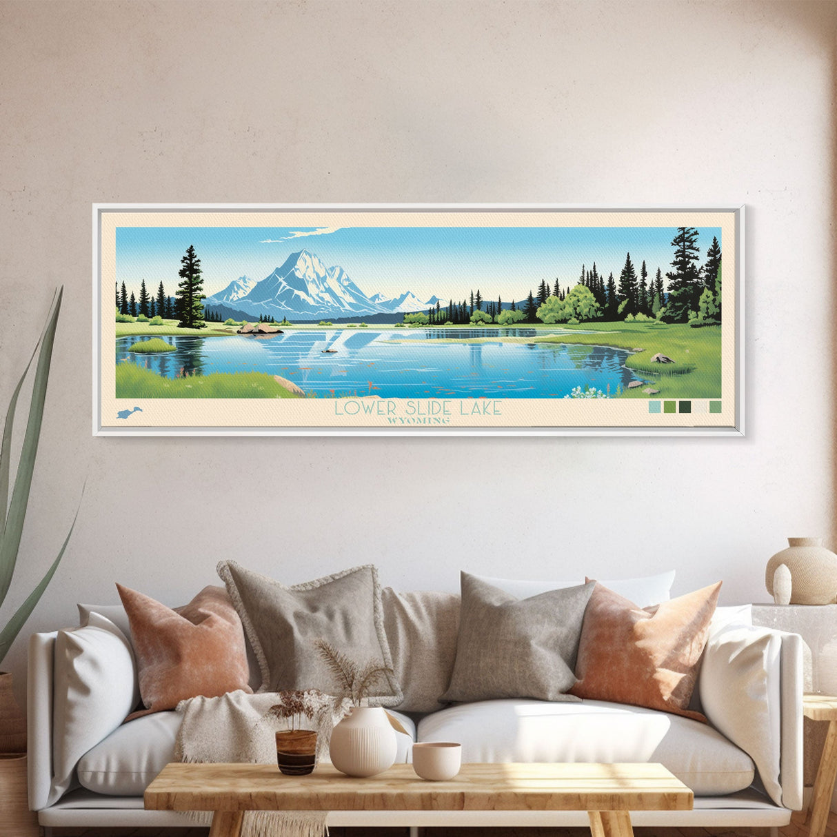 Lower Slide Lake, Wyoming Panoramic Wall Art Framed Canvas Print, Midcentury Modern, Pop Art, Home Decor, Travel Poster, Living Room Art