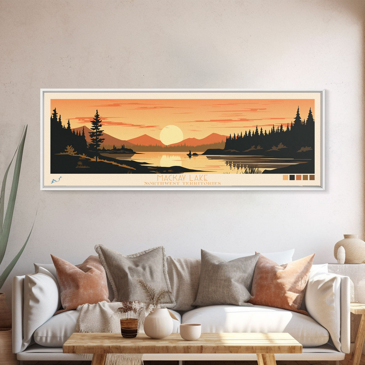 MacKay Lake, Northwest Territories Panoramic Wall Art Framed Canvas Print, Midcentury Modern, Pop Art, Home Decor, Travel Poster, Bedroom Art