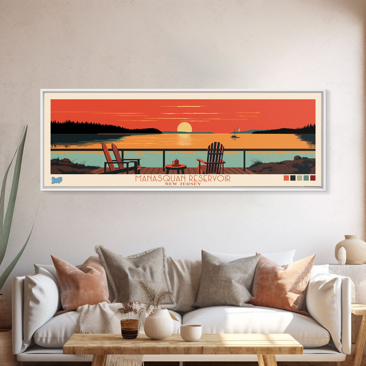 Manasquan Reservoir, New Jersey Panoramic Wall Art Framed Canvas Print, Midcentury Modern, Pop Art, Home Decor, Travel Poster, Living Room Art